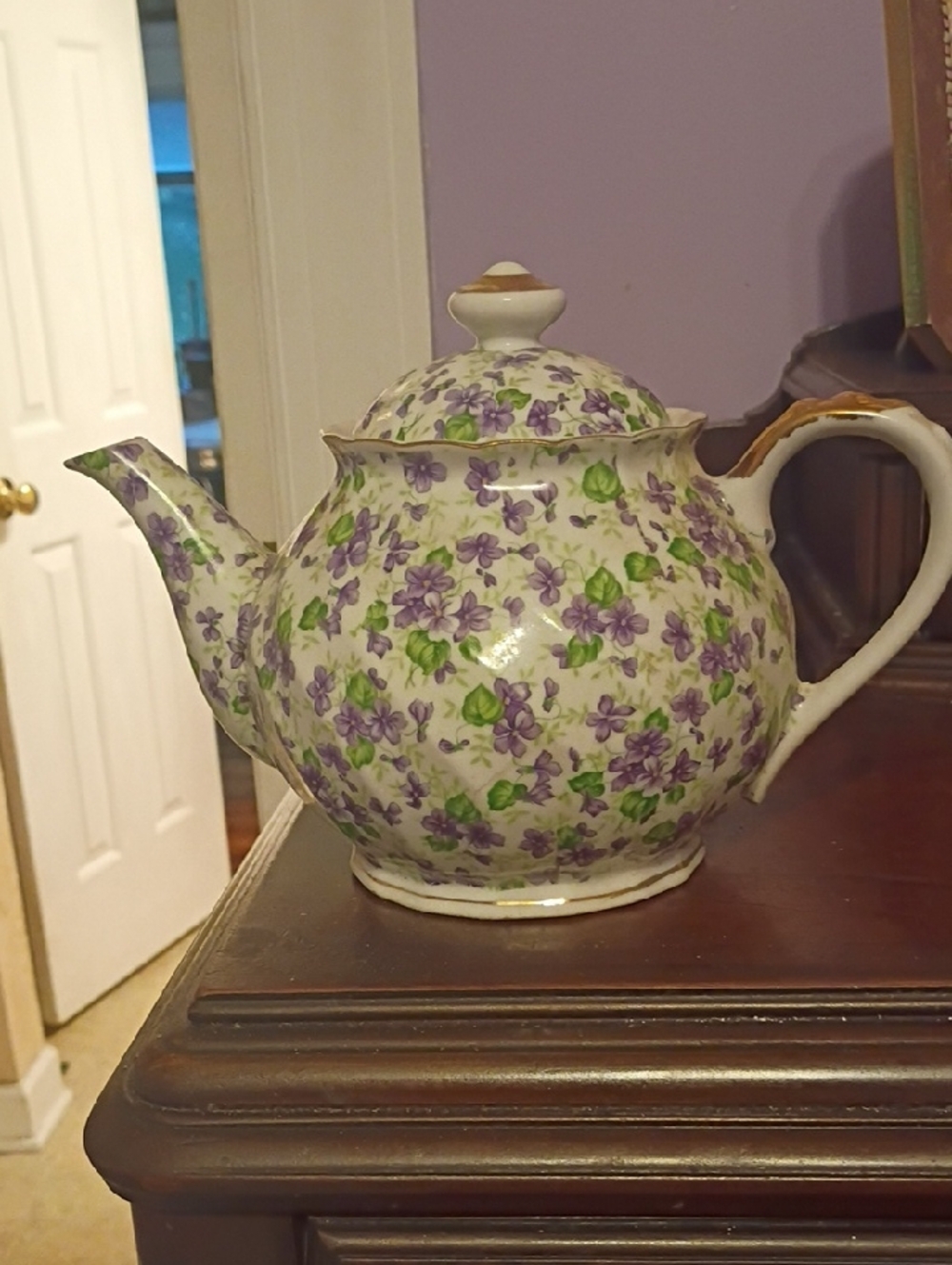 Vintage Lefton China Floral Porcelain Teapot in Purple and Green